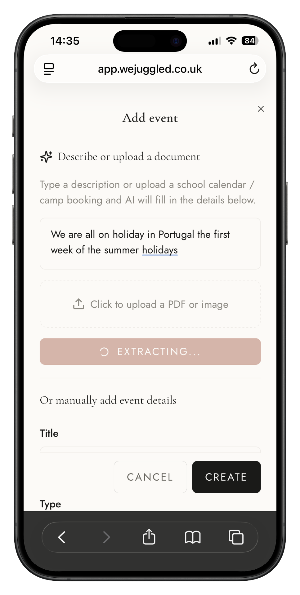 Add event screen with AI document upload