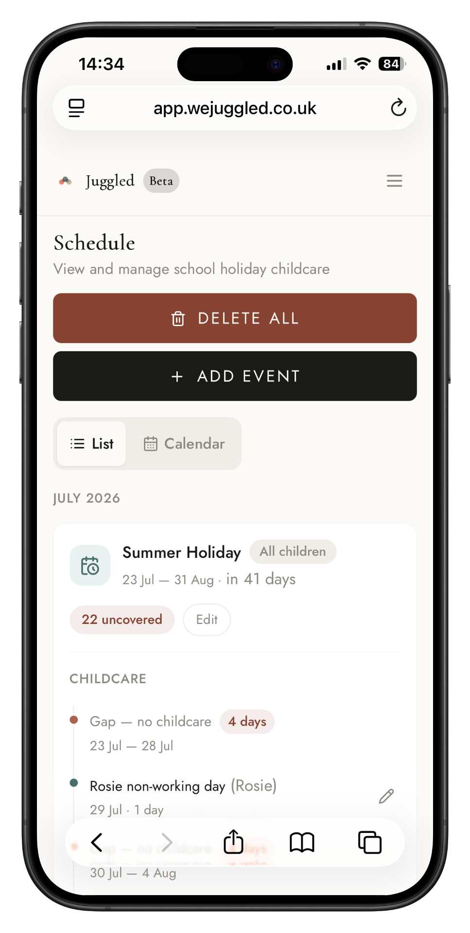 Schedule view showing summer holiday coverage